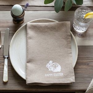 7 Embroidered Happy Easter Bunny Fabric Napkins, Well Dressed Home, Burlap Look